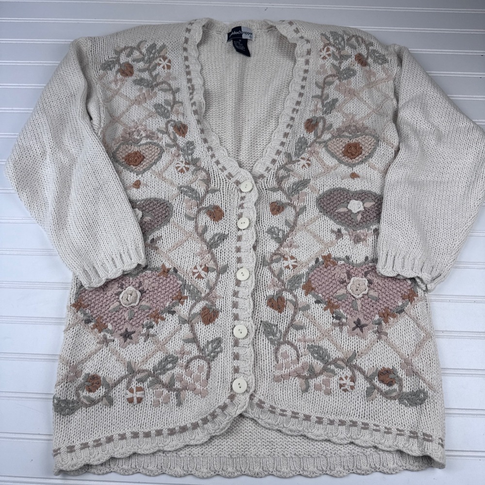 Vintage Beldock Popper Women's Medium Ramie Cotton Sweater Cardigan Embroidered